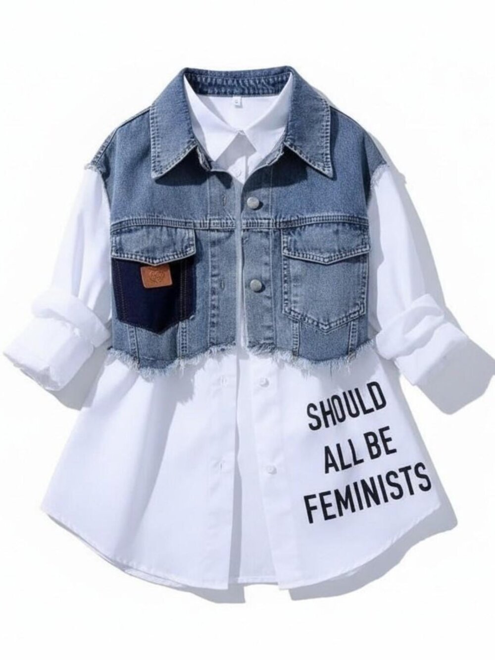 NEW! Distressed Denim Jean Vest Layered Top Shirt "SHOULD ALL BE FEMINISTS"
